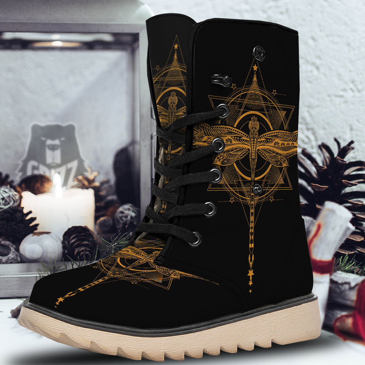 Dragonfly Boho Gold Print Snow Boots-grizzshop