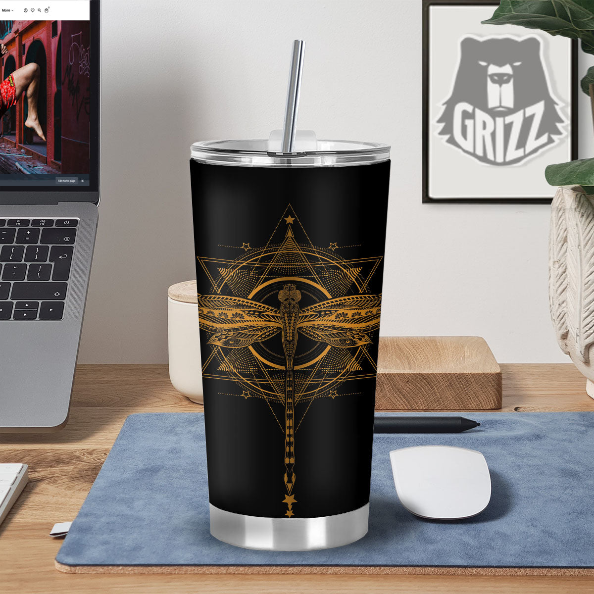 Dragonfly Boho Gold Print Tumbler-grizzshop