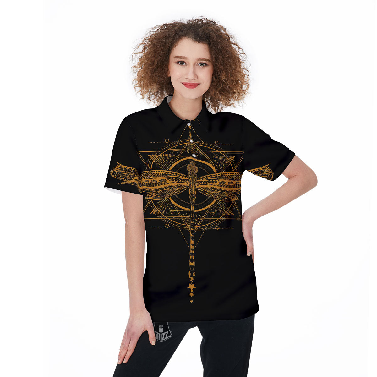 Dragonfly Boho Gold Print Women's Golf Shirts-grizzshop