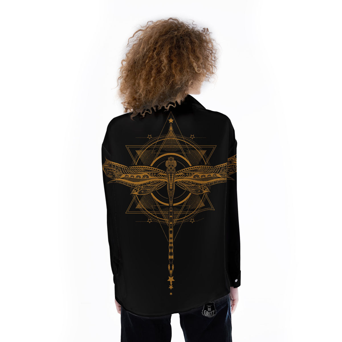 Dragonfly Boho Gold Print Women's Long Sleeve Shirts-grizzshop