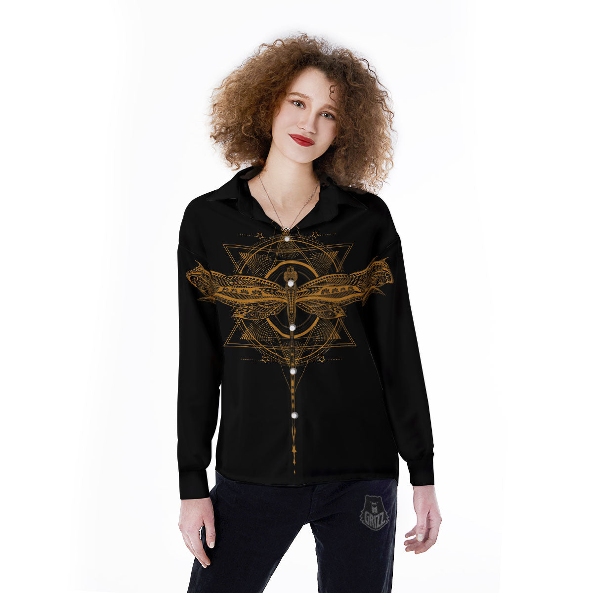 Dragonfly Boho Gold Print Women's Long Sleeve Shirts-grizzshop
