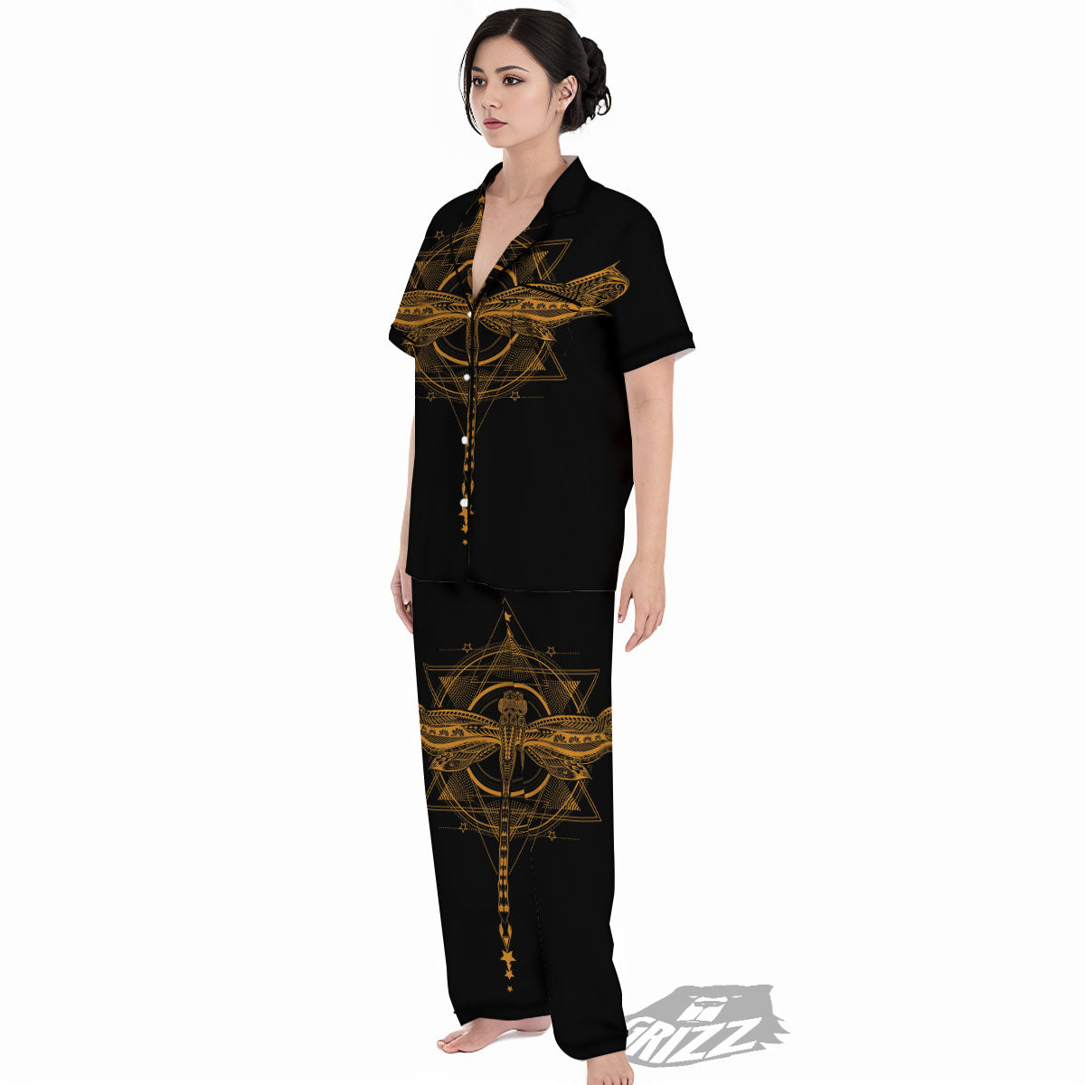 Dragonfly Boho Gold Print Women's Pajamas Set-grizzshop
