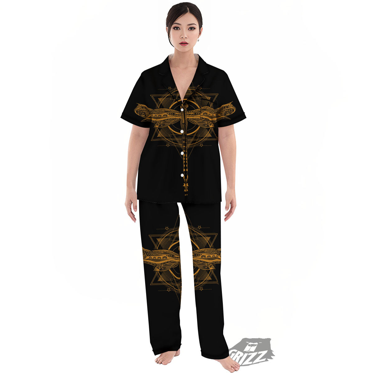 Dragonfly Boho Gold Print Women's Pajamas Set-grizzshop