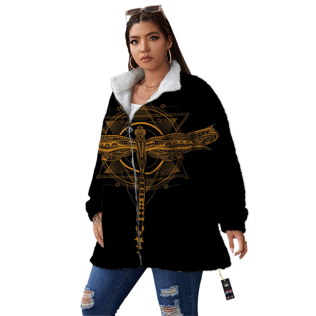 Dragonfly Boho Gold Print Women's Sherpa Jacket-grizzshop