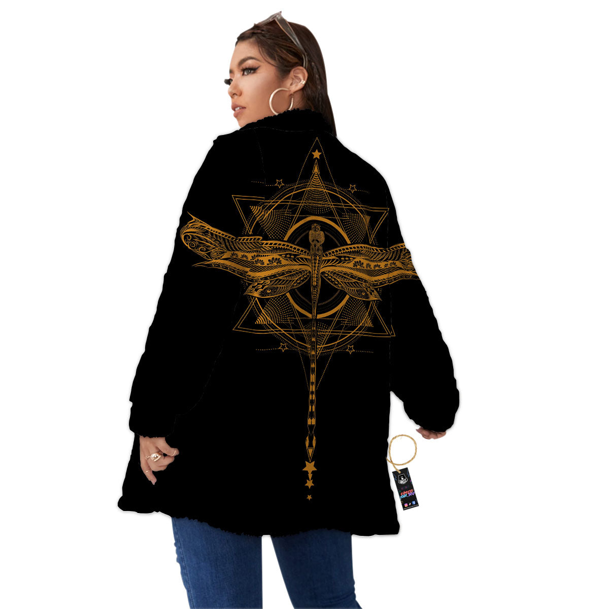 Dragonfly Boho Gold Print Women's Sherpa Jacket-grizzshop