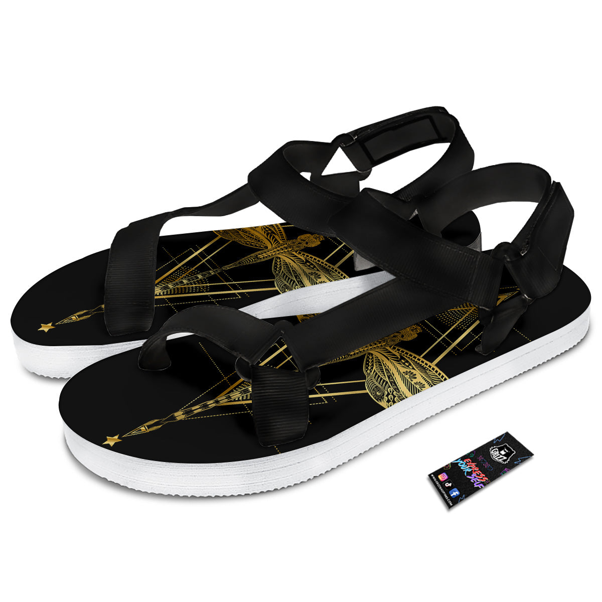 Dragonfly Boho Spiritual Print Black Open Toe Sandals-grizzshop