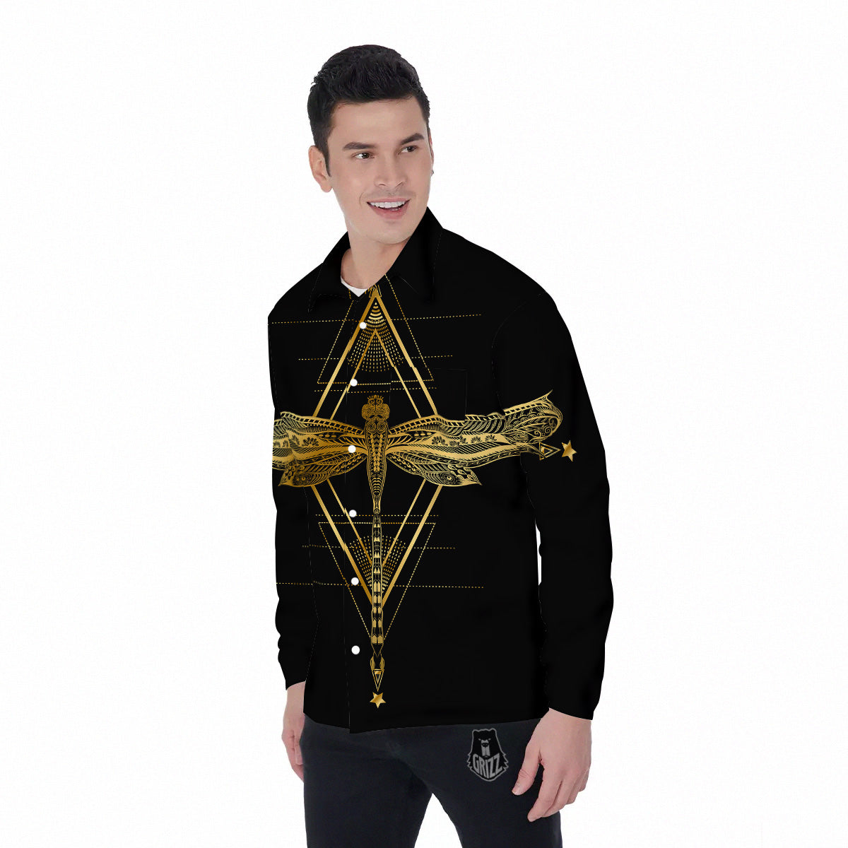Dragonfly Boho Spiritual Print Men's Long Sleeve Shirts-grizzshop