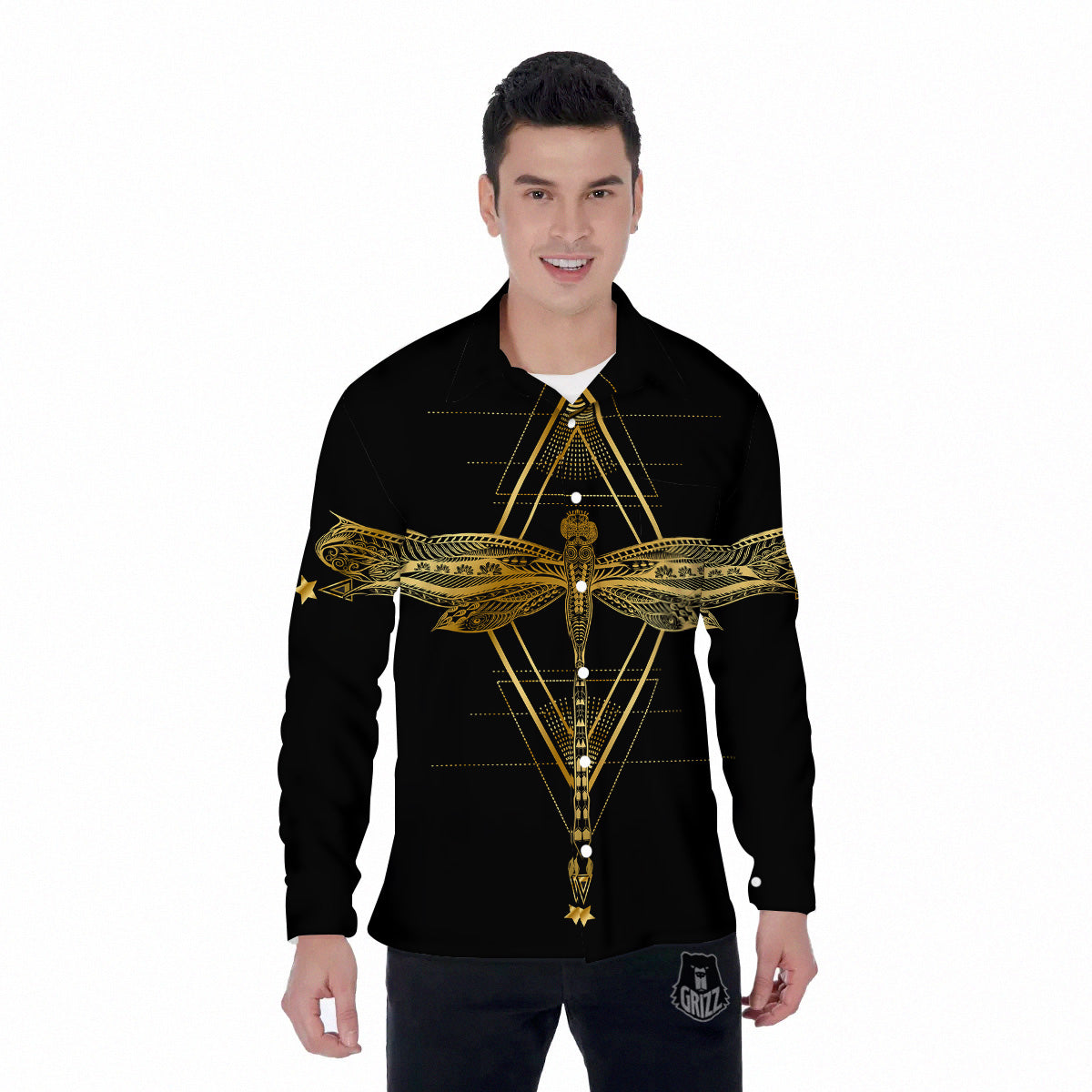 Dragonfly Boho Spiritual Print Men's Long Sleeve Shirts-grizzshop