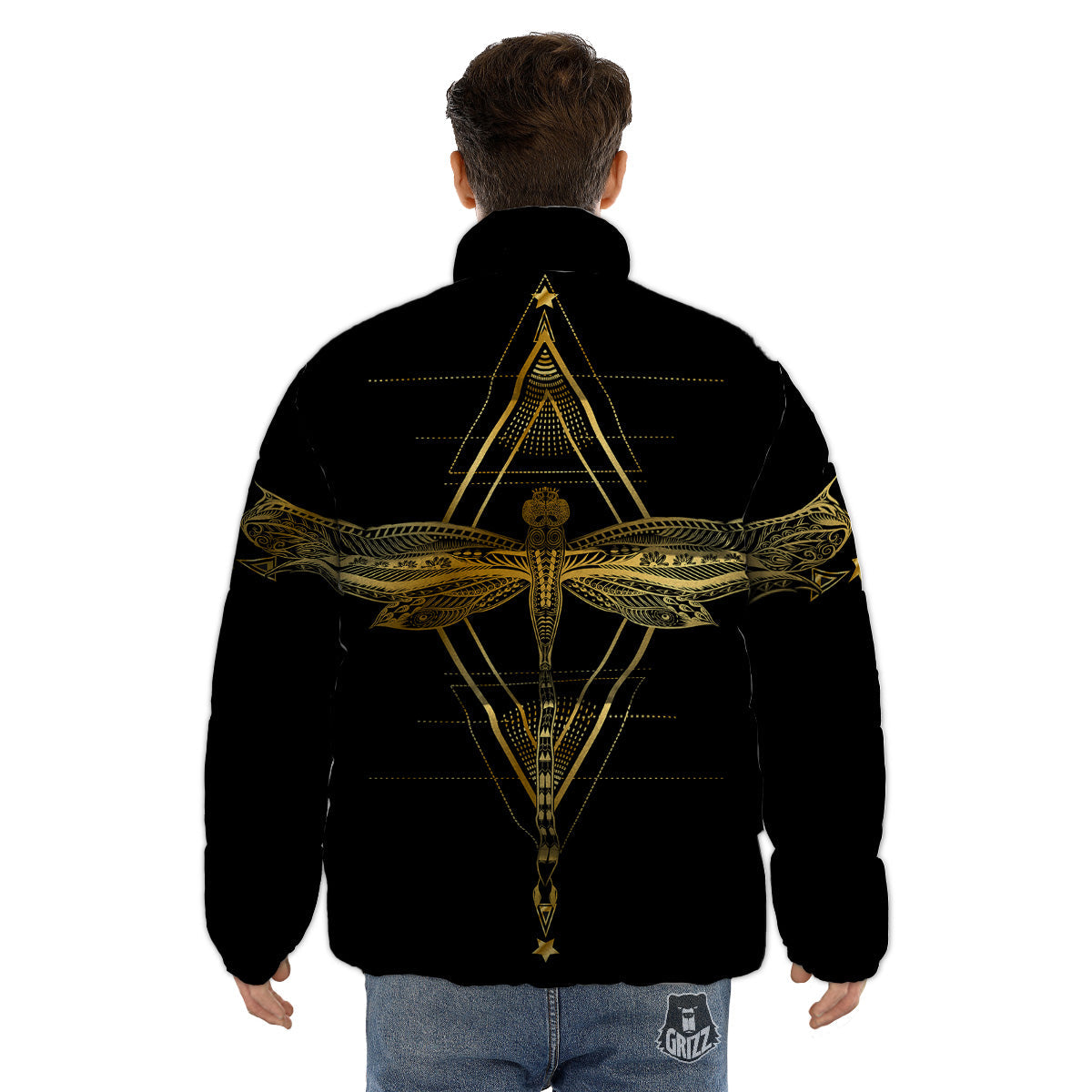 Dragonfly Boho Spiritual Print Puffer Jacket-grizzshop