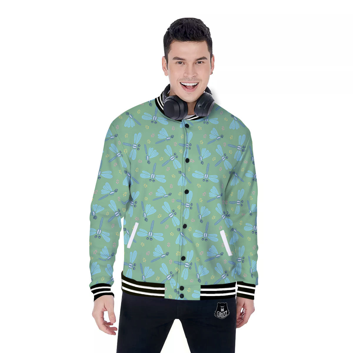 Dragonfly Green Print Pattern Baseball Jacket-grizzshop