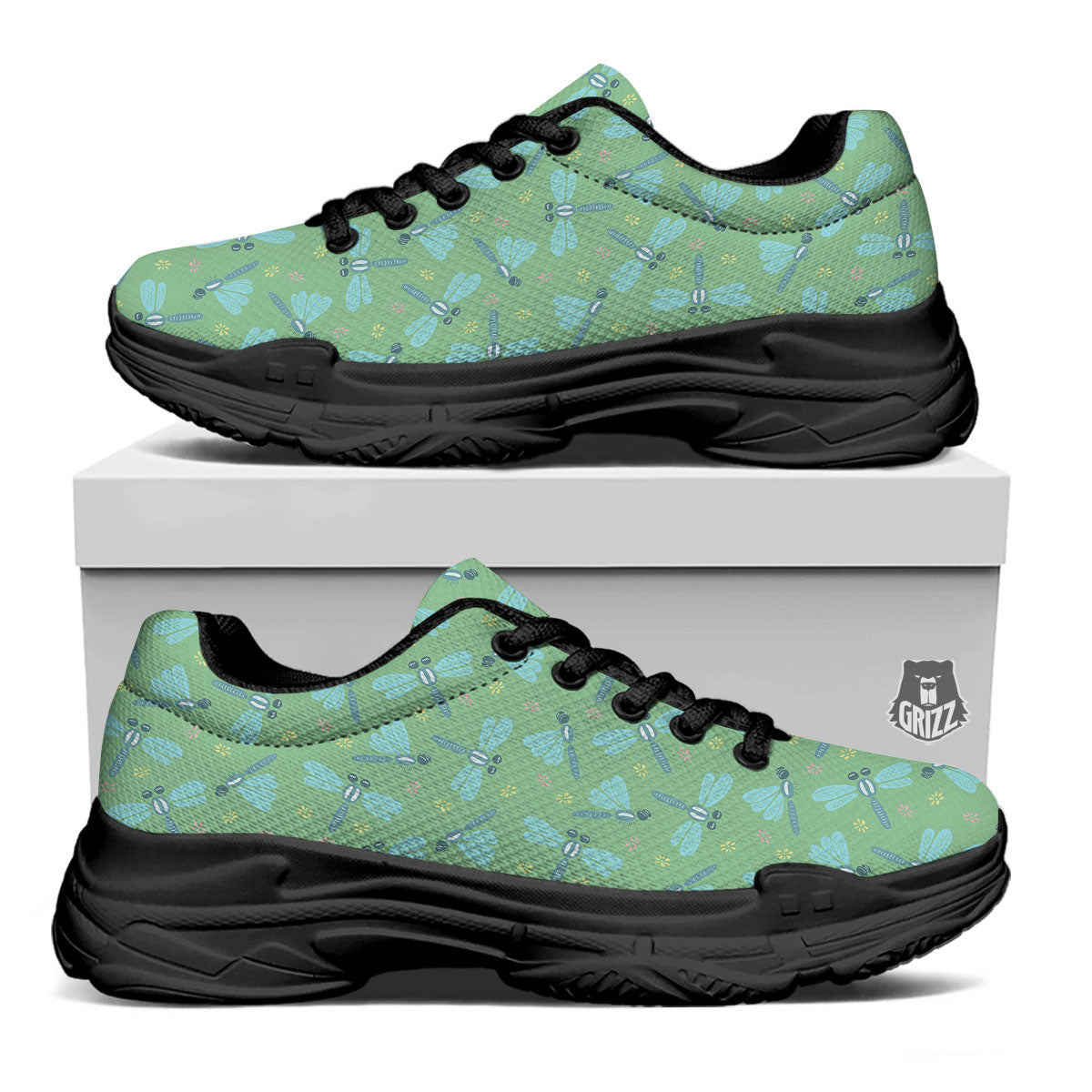 Dragonfly Green Print Pattern Black Chunky Shoes-grizzshop