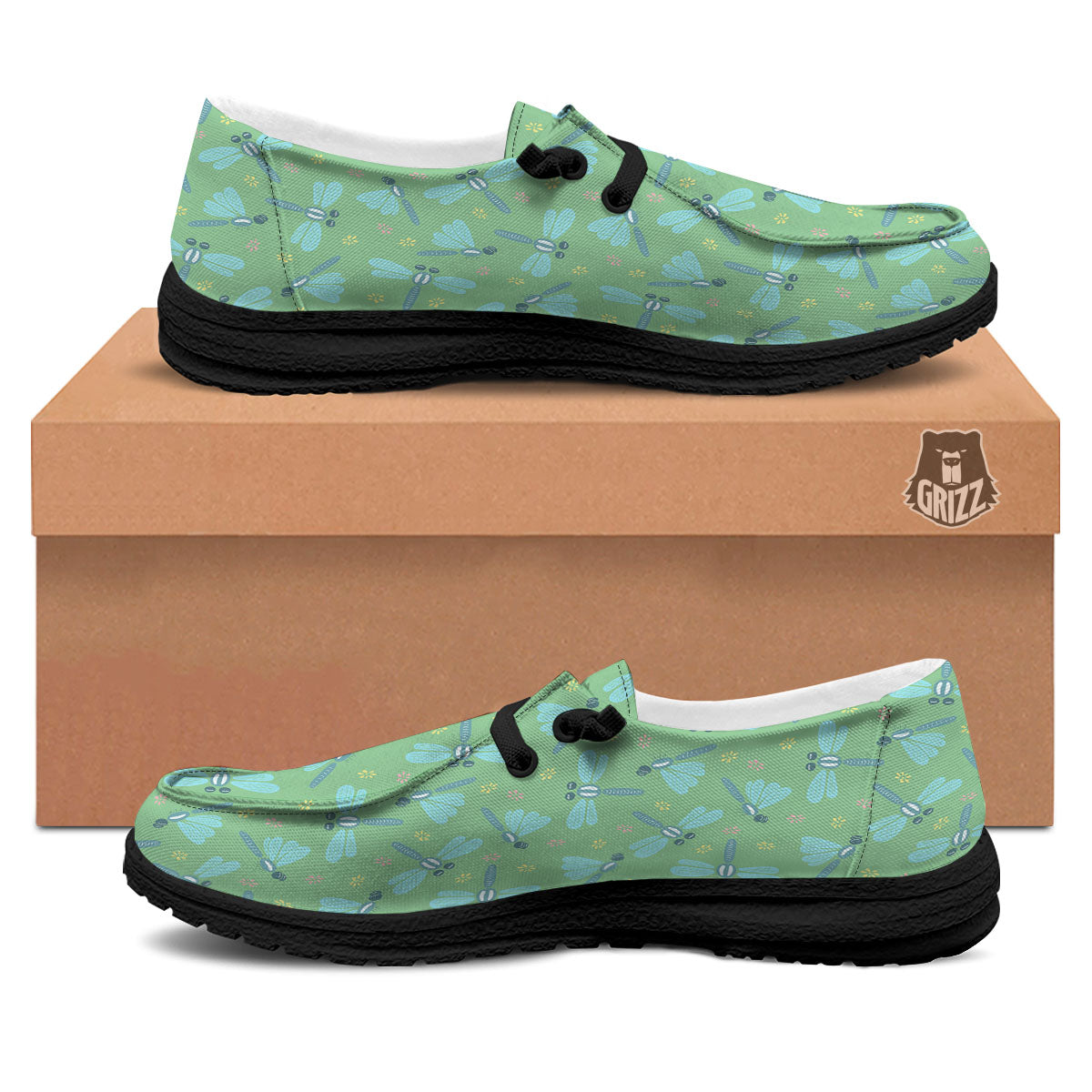 Dragonfly Green Print Pattern Black Loafers-grizzshop