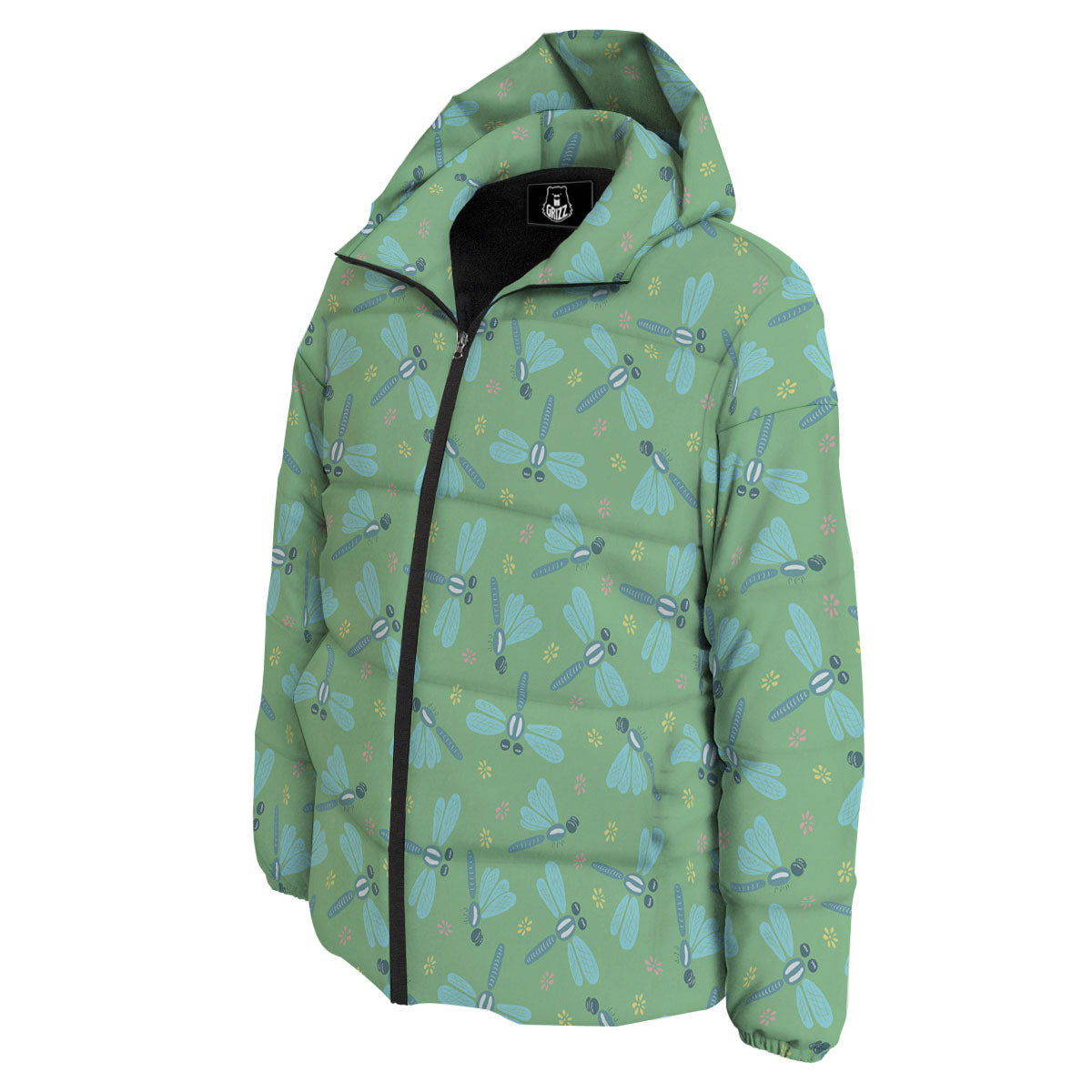 Dragonfly Green Print Pattern Down Jacket-grizzshop