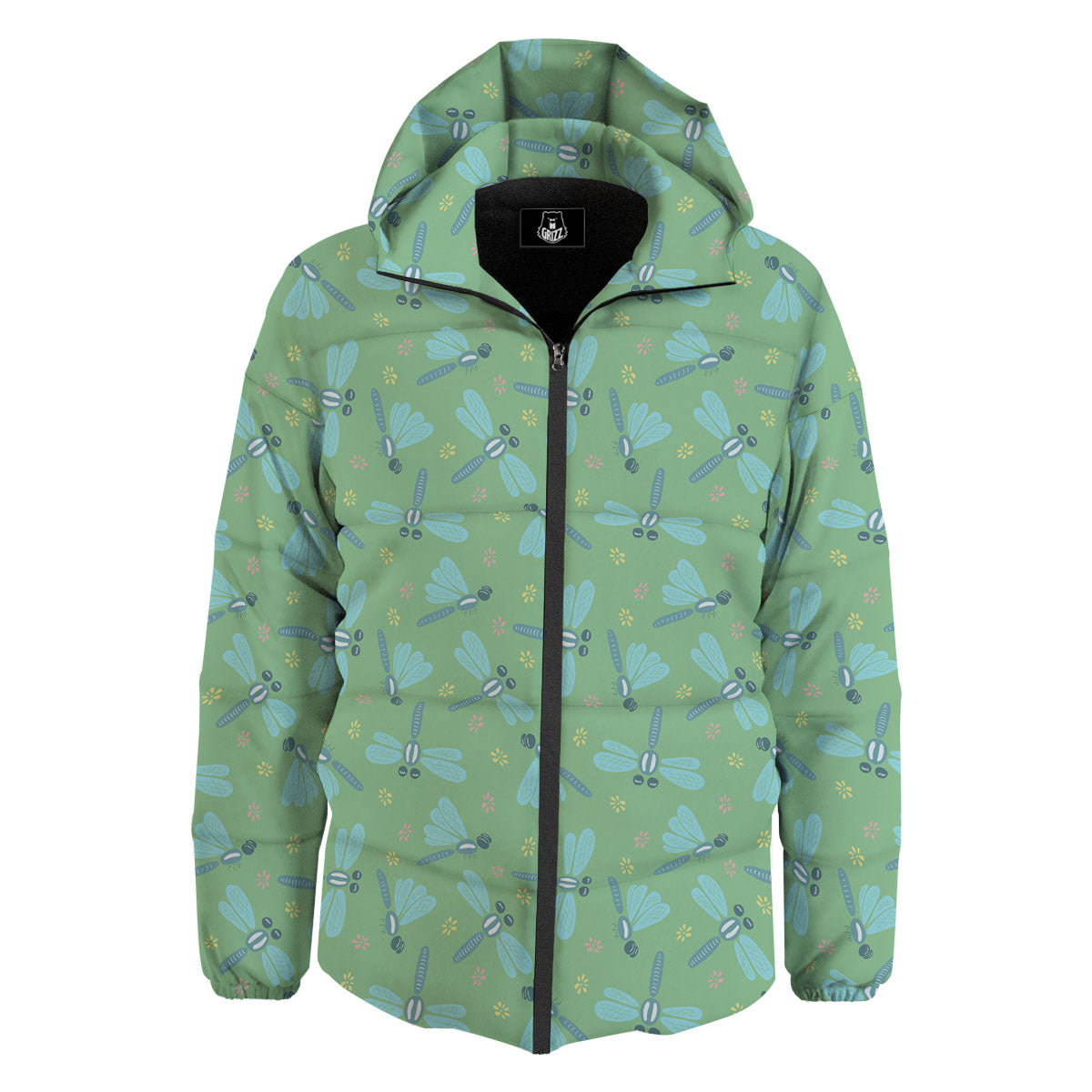 Dragonfly Green Print Pattern Down Jacket-grizzshop