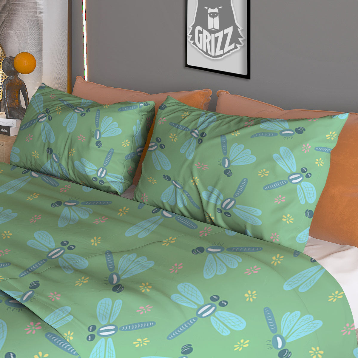 Dragonfly Green Print Pattern Duvet Cover Bedding Set