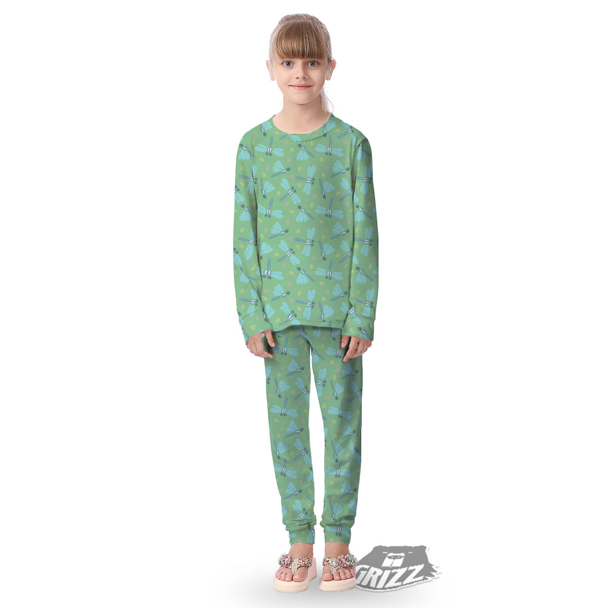 Dragonfly Green Print Pattern Kid's Pajamas-grizzshop