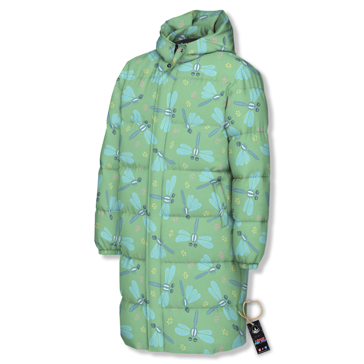 Dragonfly Green Print Pattern Long Down Jacket-grizzshop
