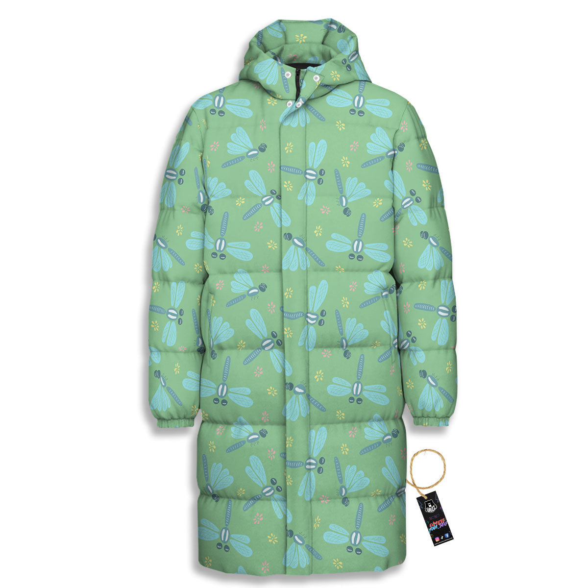 Dragonfly Green Print Pattern Long Down Jacket-grizzshop