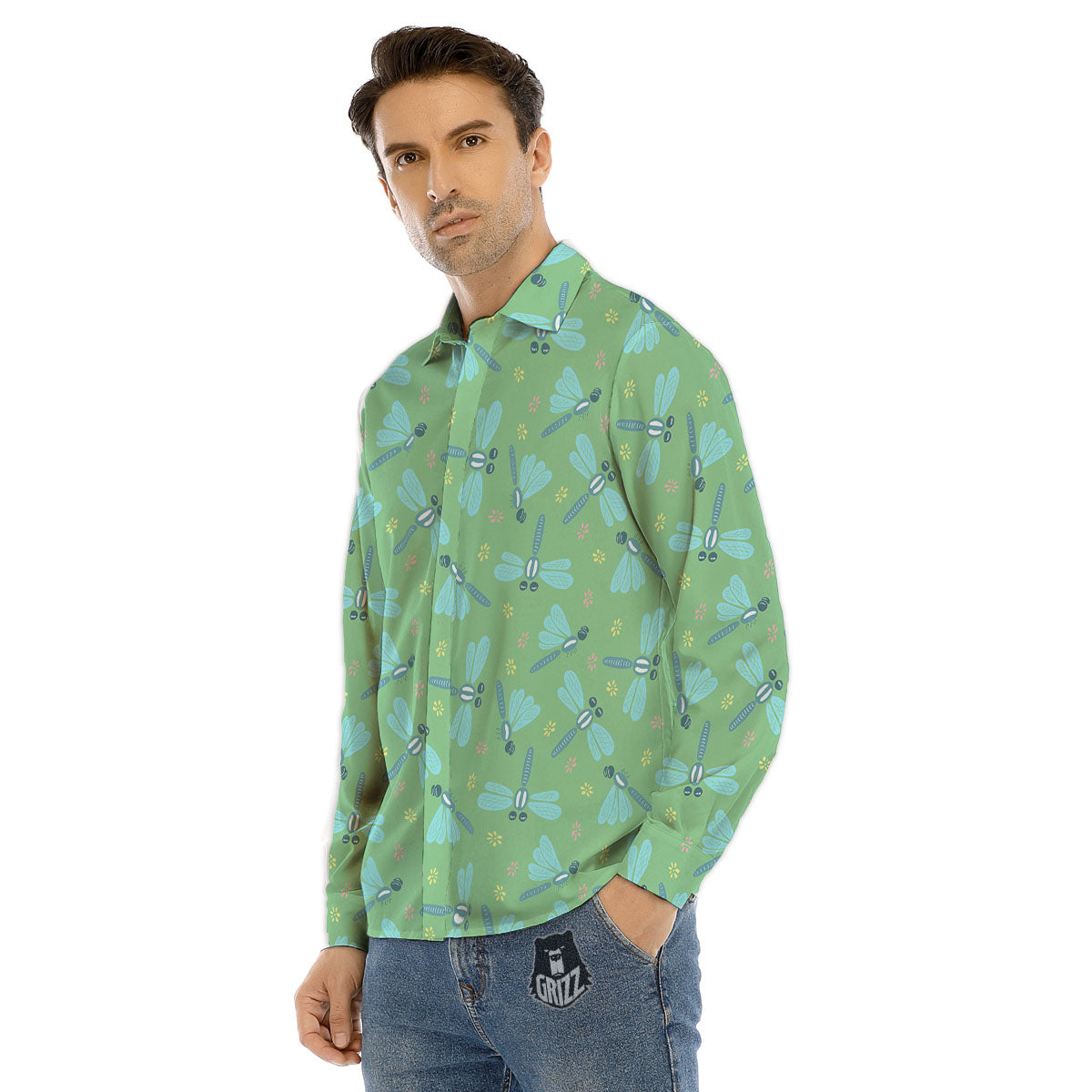 Dragonfly Green Print Pattern Men's Dress Shirts-grizzshop