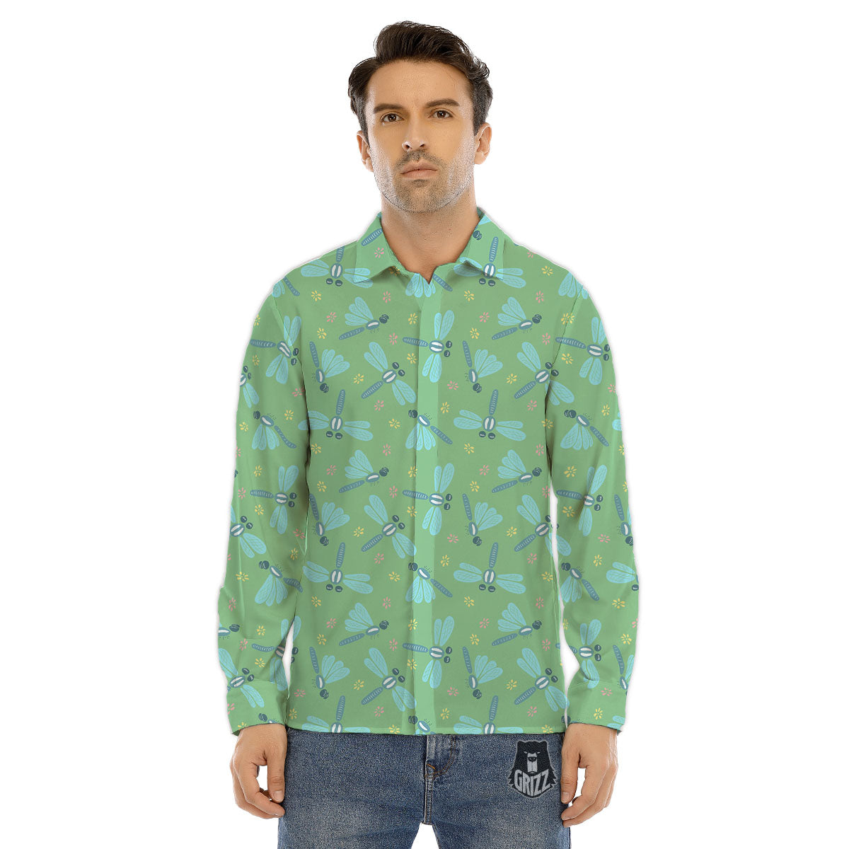 Dragonfly Green Print Pattern Men's Dress Shirts-grizzshop