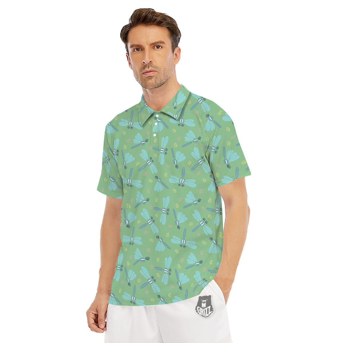 Dragonfly Green Print Pattern Men's Golf Shirts-grizzshop