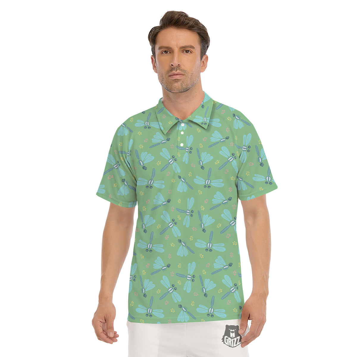 Dragonfly Green Print Pattern Men's Golf Shirts-grizzshop