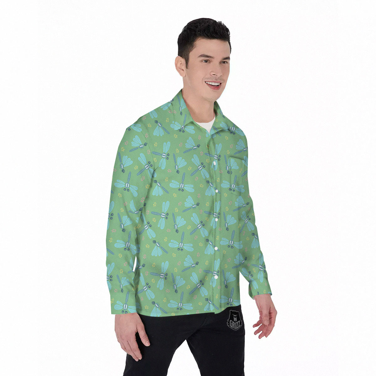 Dragonfly Green Print Pattern Men's Long Sleeve Shirts-grizzshop