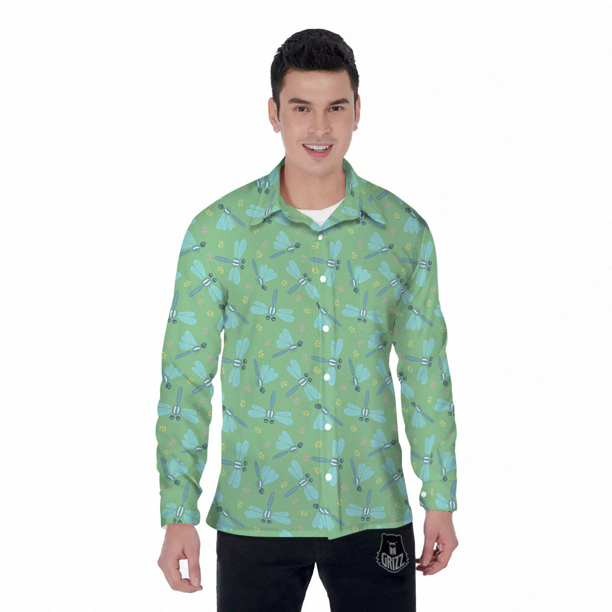Dragonfly Green Print Pattern Men's Long Sleeve Shirts-grizzshop