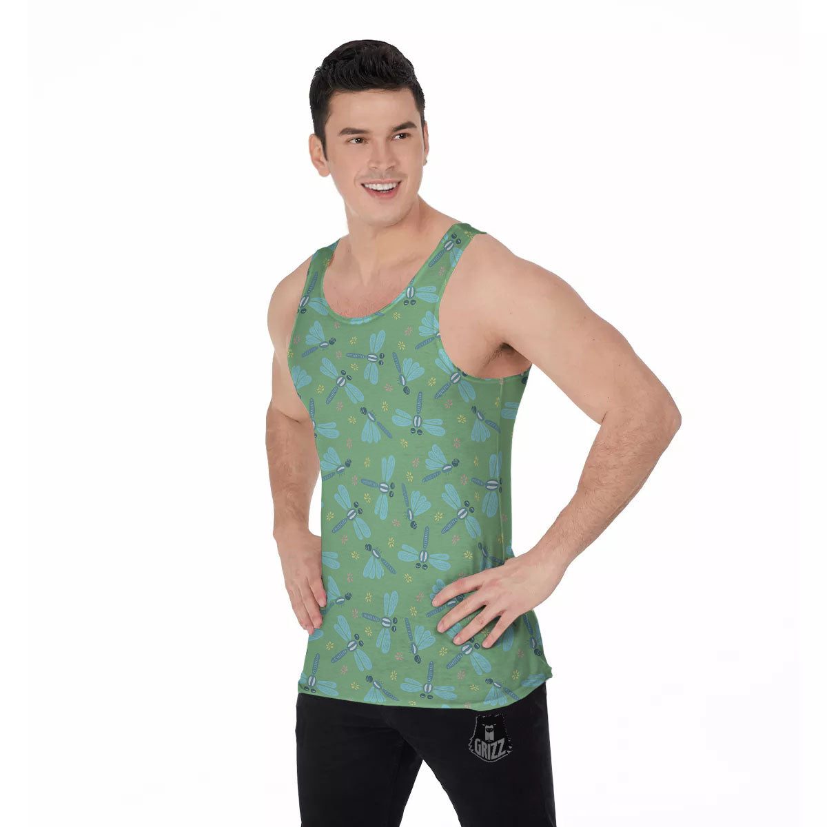 Dragonfly Green Print Pattern Men's Tank Top-grizzshop