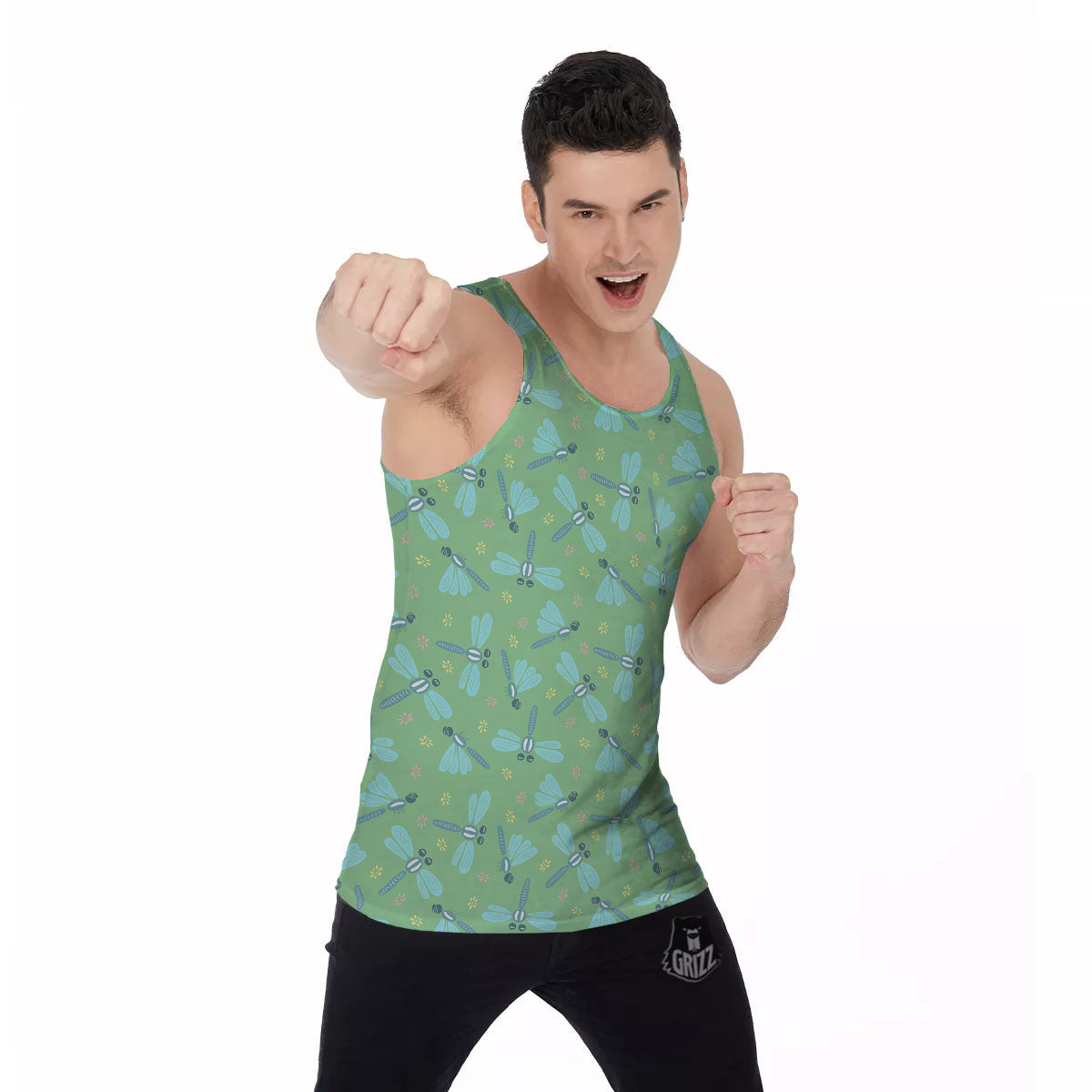 Dragonfly Green Print Pattern Men's Tank Top-grizzshop