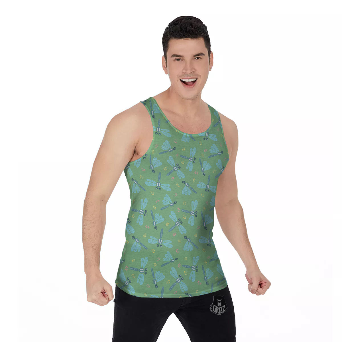 Dragonfly Green Print Pattern Men's Tank Top-grizzshop