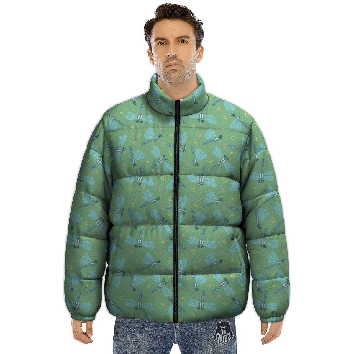 Dragonfly Green Print Pattern Puffer Jacket-grizzshop