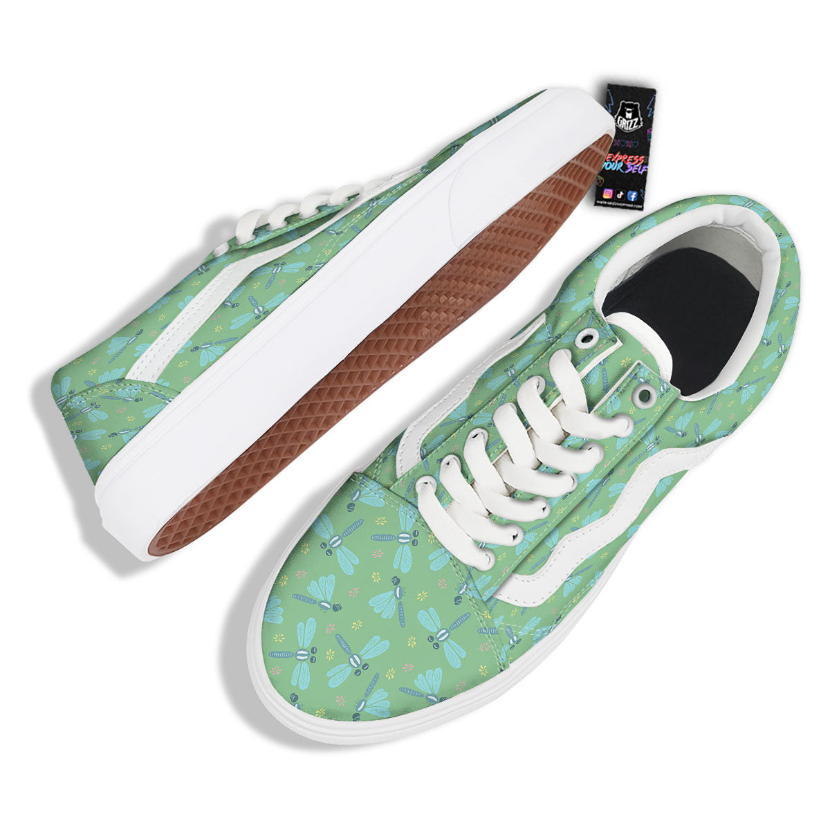 Dragonfly Green Print Pattern Skate Shoes-grizzshop