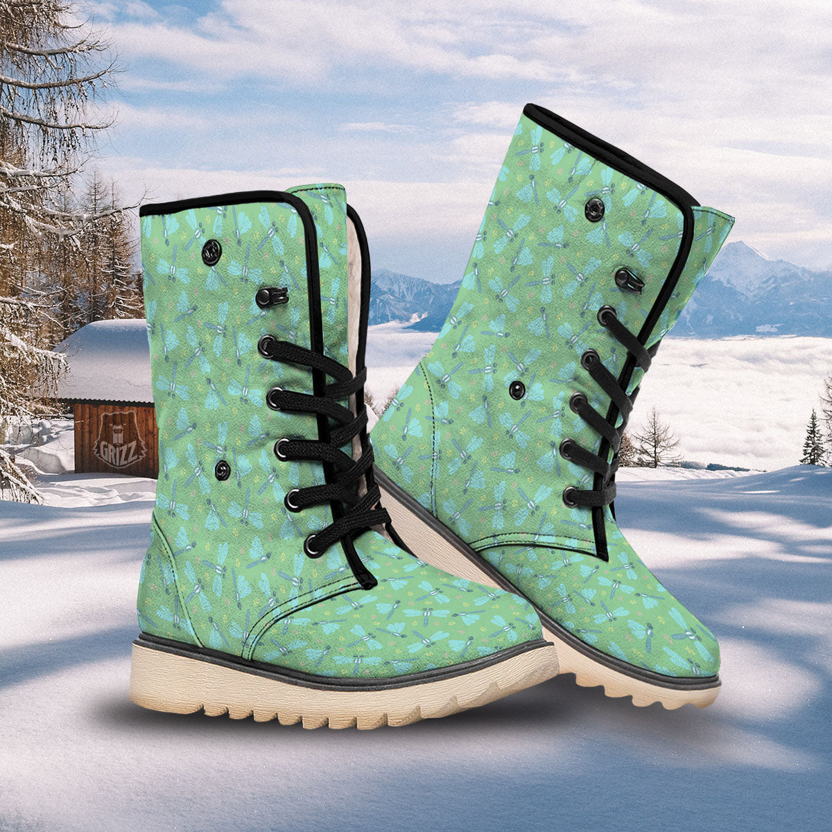 Dragonfly Green Print Pattern Snow Boots-grizzshop