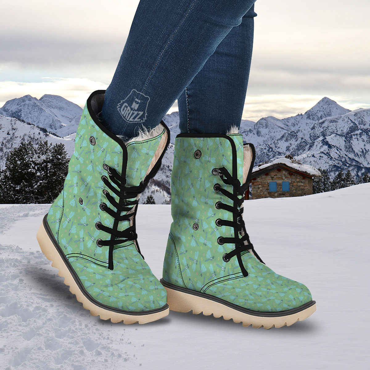 Dragonfly Green Print Pattern Snow Boots-grizzshop