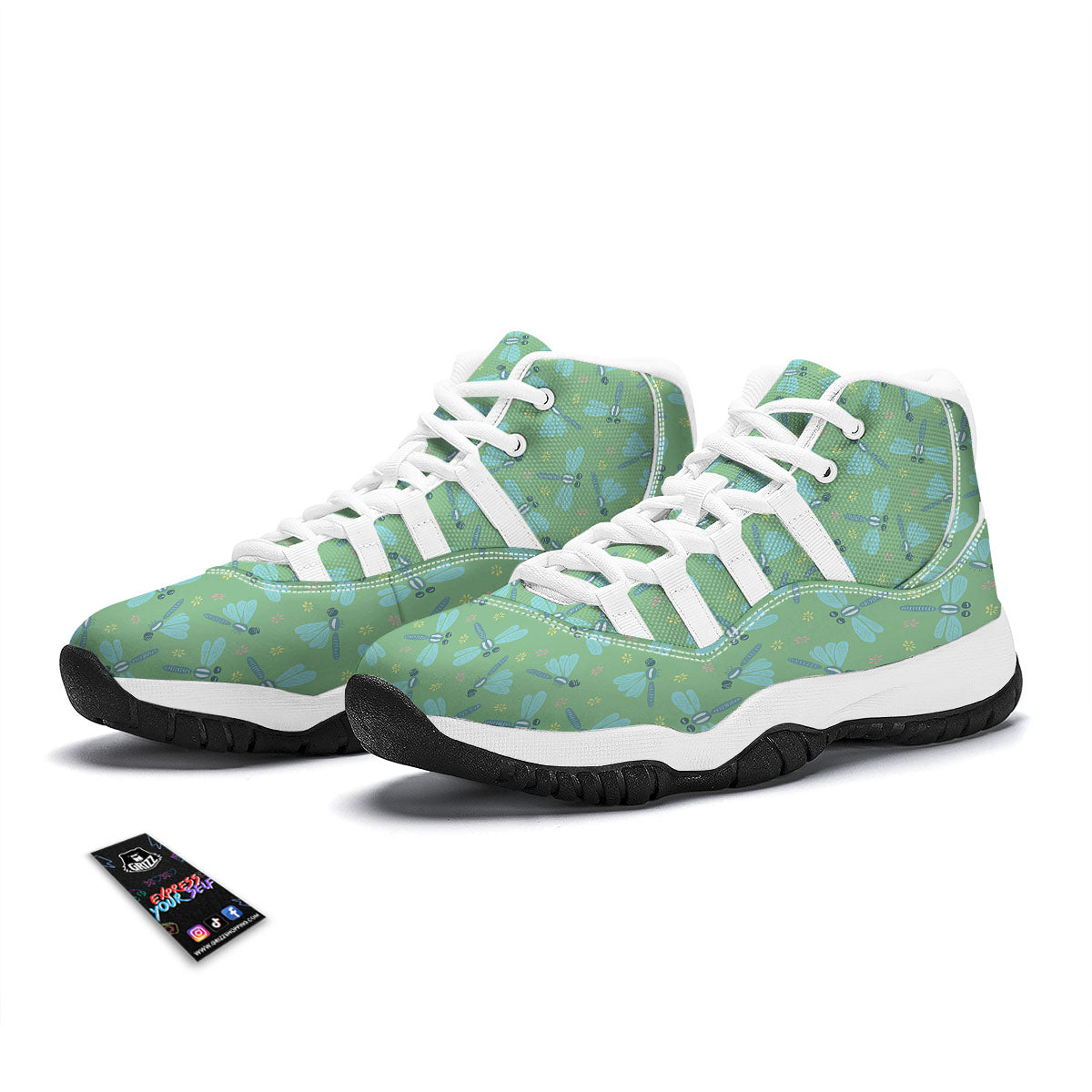 Dragonfly Green Print Pattern White Bball Shoes-grizzshop