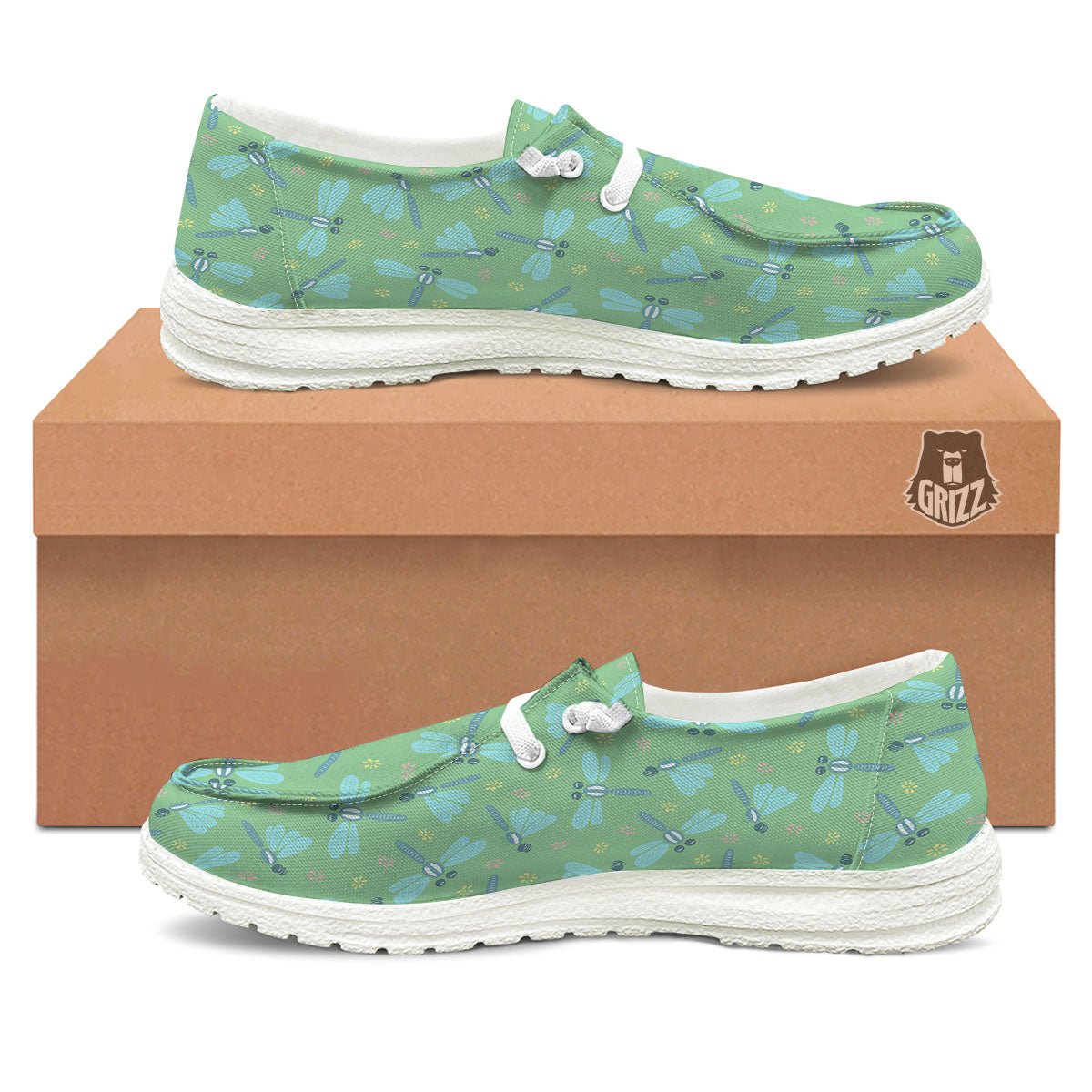 Dragonfly Green Print Pattern White Loafers-grizzshop