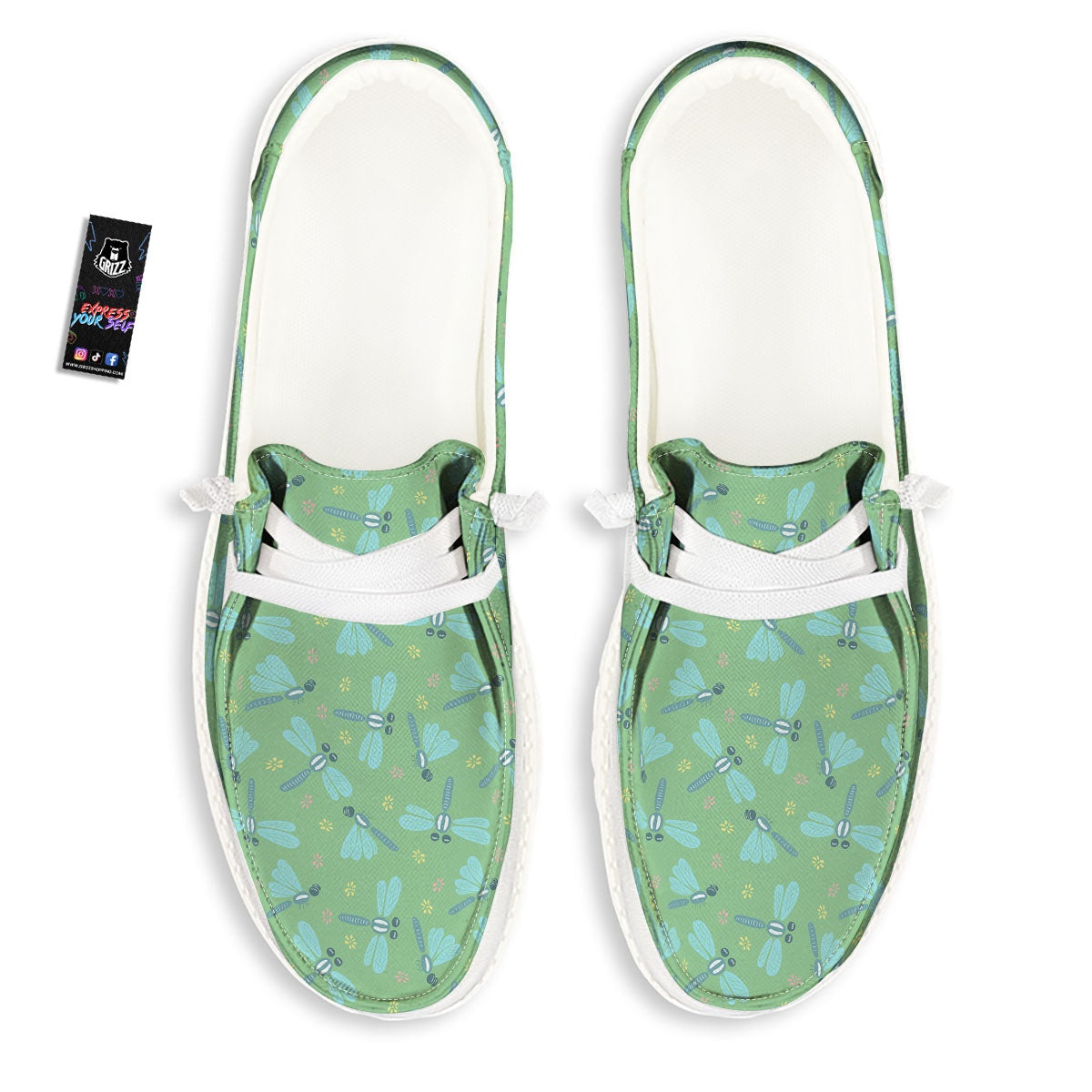 Dragonfly Green Print Pattern White Loafers-grizzshop