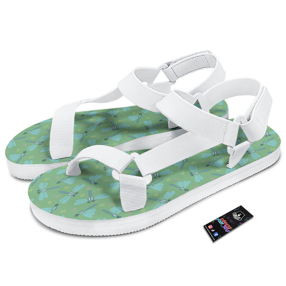 Dragonfly Green Print Pattern White Open Toe Sandals-grizzshop