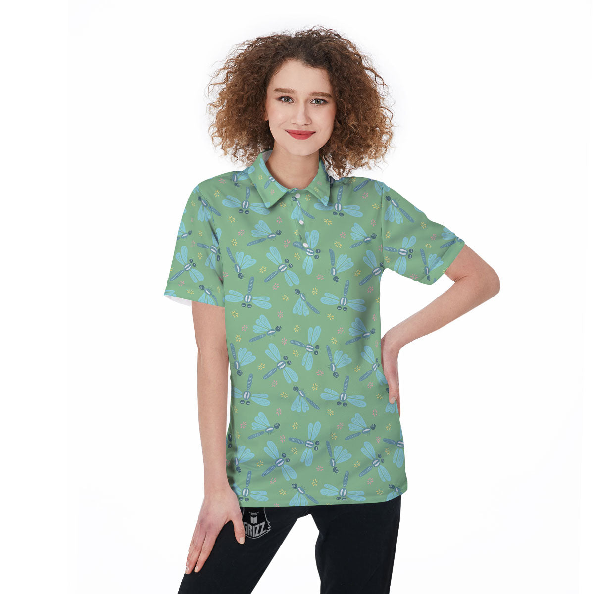 Dragonfly Green Print Pattern Women's Golf Shirts-grizzshop