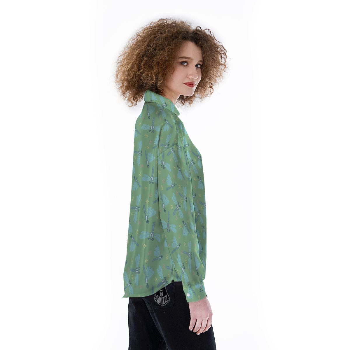 Dragonfly Green Print Pattern Women's Long Sleeve Shirts-grizzshop