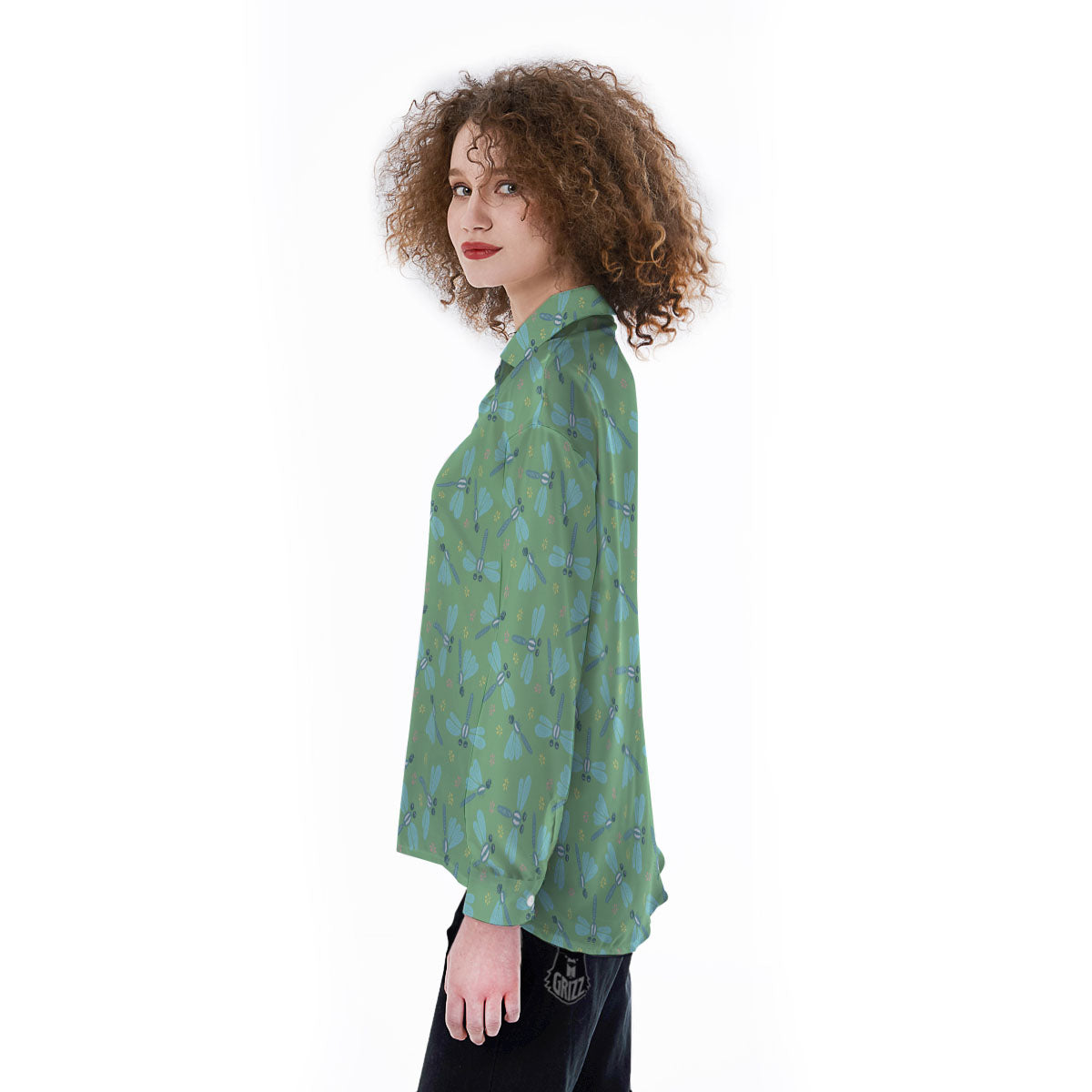 Dragonfly Green Print Pattern Women's Long Sleeve Shirts-grizzshop