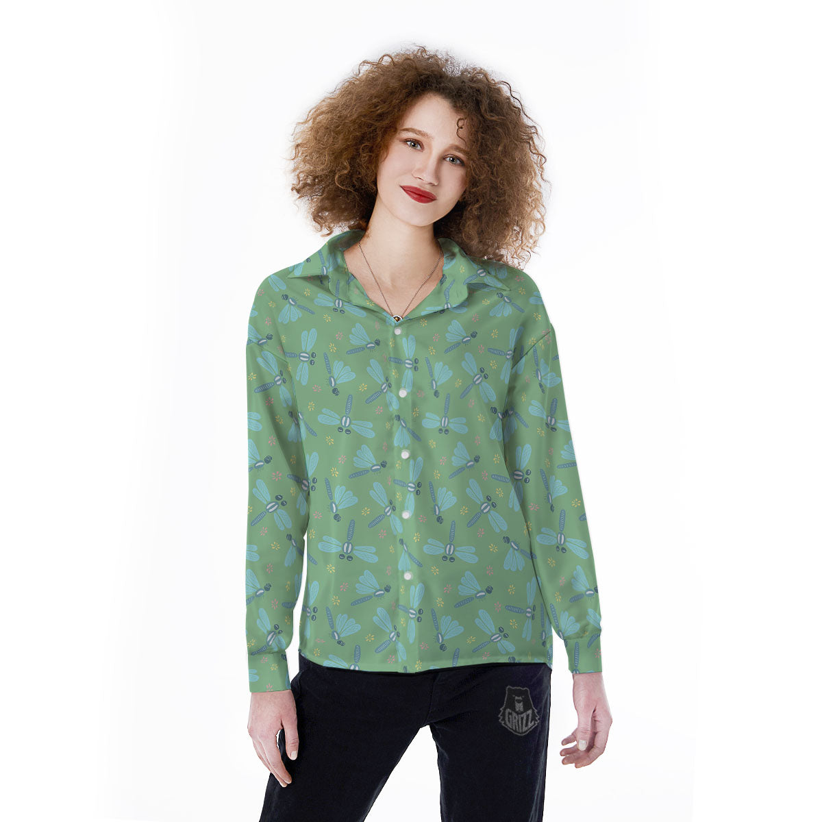 Dragonfly Green Print Pattern Women's Long Sleeve Shirts-grizzshop