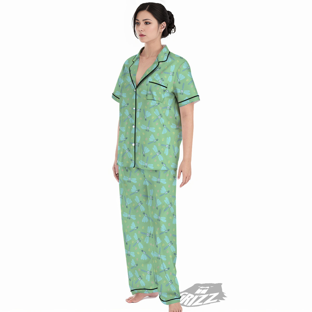 Dragonfly Green Print Pattern Women's Pajamas Set-grizzshop