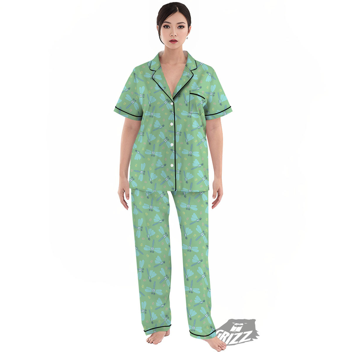 Dragonfly Green Print Pattern Women's Pajamas Set-grizzshop