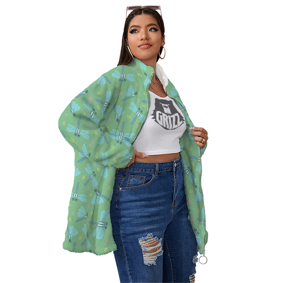 Dragonfly Green Print Pattern Women's Sherpa Jacket-grizzshop