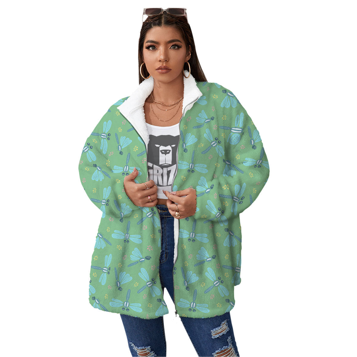 Dragonfly Green Print Pattern Women's Sherpa Jacket-grizzshop