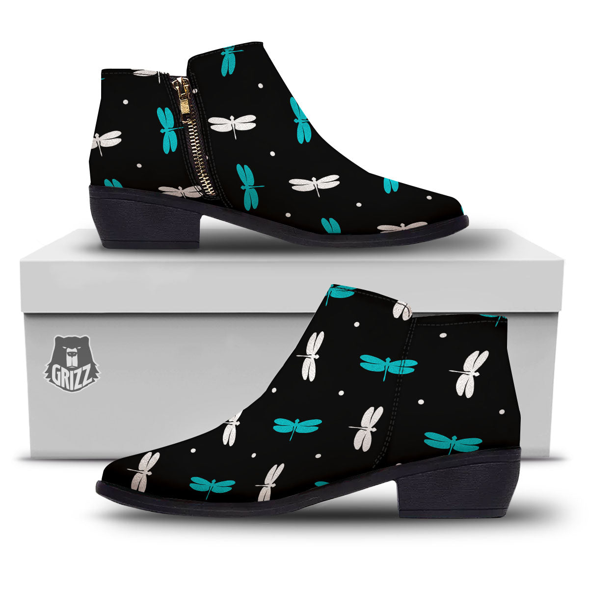 Dragonfly Polka Dot Print Pattern Ankle Boots-grizzshop