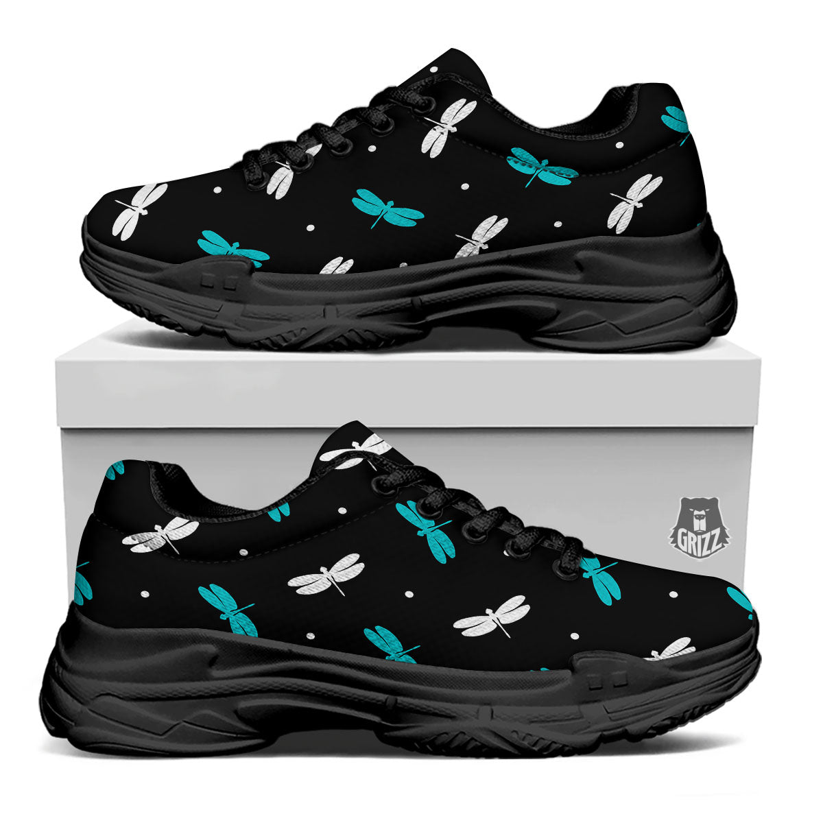 Dragonfly Polka Dot Print Pattern Black Chunky Shoes-grizzshop