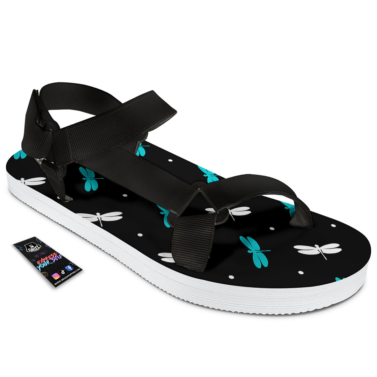 Dragonfly Polka Dot Print Pattern Black Open Toe Sandals-grizzshop